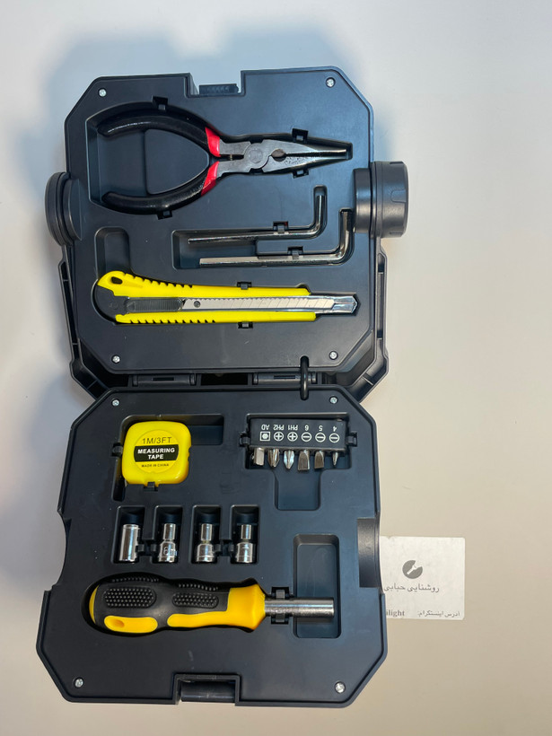 چراغ کار خورشیدی هلوکلاود مدل HC-778aبا جعبه ابزار ۱۳ پارچه، پاور بانک و چراغقوه جانبی